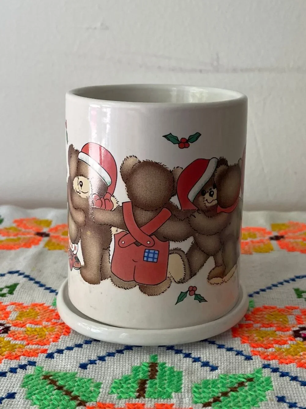 Vintage Holiday Teddy Bear Mug with Coaster